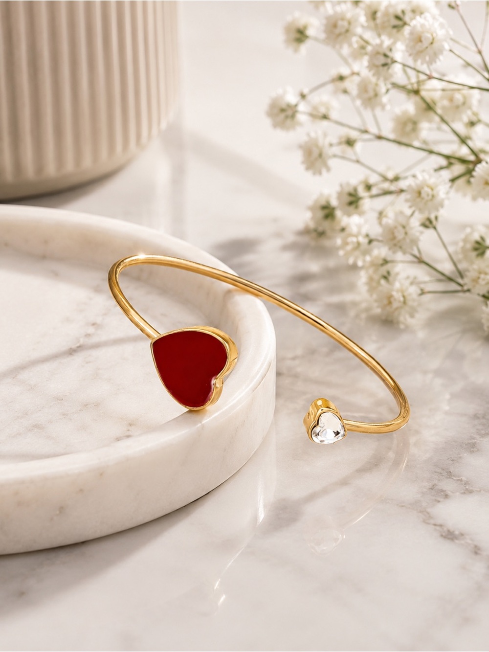 Gold Open Cuff Bracelet with Red Heart and Clear Crystal Accent